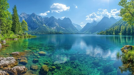 Pristine Alpine Lake Reflecting Mountain Peaks on Sunny Day