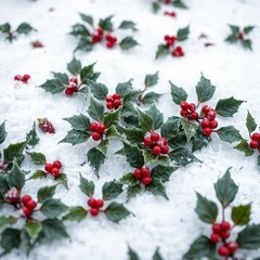Delicate holly leaves scattered on a snowy surface, evergreen, frosty, botanicals