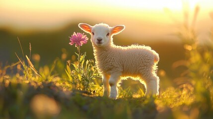 Obraz premium Cute lamb or sheep on green background with pink flowers, easter card. Spring and easter, innocence and tranquility concept