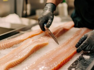 Obraz premium A person checking the temperature of refrigerated fish storage in a factory warehouse, ensuring freshness