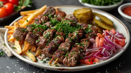 Fototapeta premium Syrian shawarma plate garlic sauce pickles and fries plated cleanly on white ceramic