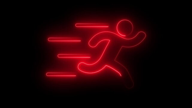 Glowing neon line blue color runner sing. Running neon sign appear in center and disappear after some time background.