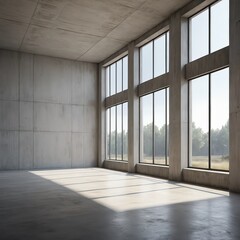 Fototapeta premium Modern Concrete Room with Large Windows and Sunny Landscape View