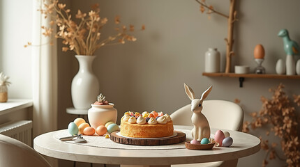 Naklejka premium A beautifully decorated Easter dining room with a cake, hare sculpture, and colorful eggs, ideal for a festive gathering.