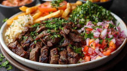 Fototapeta premium Syrian shawarma plate garlic sauce pickles and fries plated cleanly on white ceramic