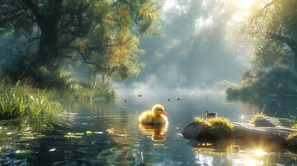 A serene morning scene featuring a fluffy duckling swimming in a tranquil pond surrounded by lush greenery