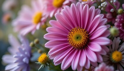 Fototapeta premium Captivating Close Up of a Vibrant Pink Chrysanthemum Blossom with Intricate Yellow Center, Surrounded by Softly Blurred Flowers, Conveying Serenity and Natural Beauty