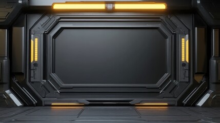 Futuristic spaceship interior, dark corridor, glowing lights