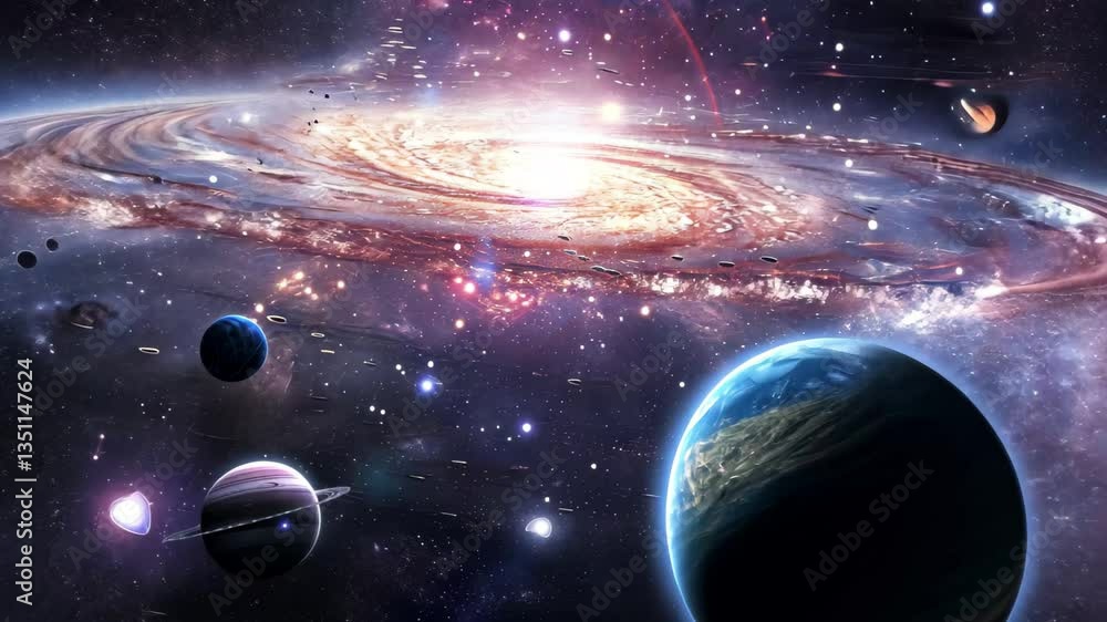 Poster a breathtaking view of distant planets orbiting in space, surrounded by a luminous galaxy, creating 