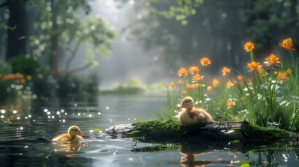 Two ducklings swim and rest on a log in a serene pond surrounded by vibrant flowers and lush greenery