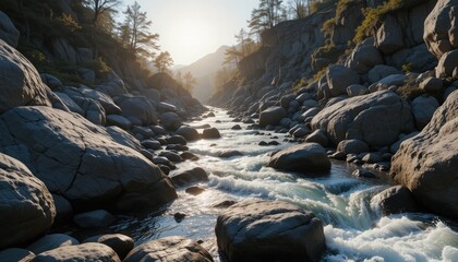 sunlight on rocks, water, rivers,