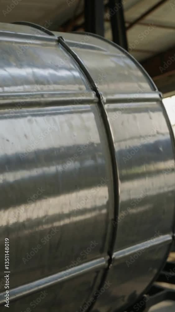 Poster shiny metal cylinder rotation in industrial setting highlighting reflective surface patterns