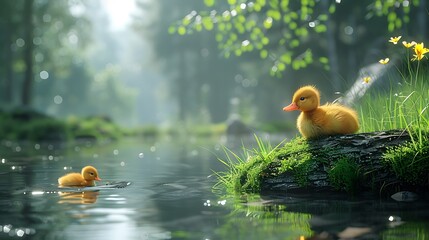 Two adorable ducklings play and relax by a serene forest pond, surrounded by vibrant greenery and flowers