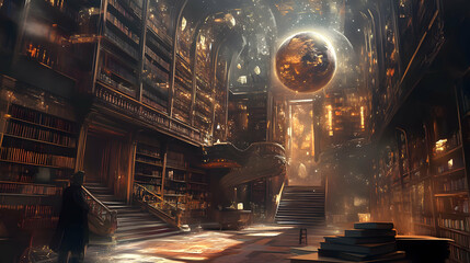 A Celestial Librarys Golden Glow, A Cosmic Sphere Illuminating Ancient Shelves And A Lone Figure, Bathed In Warm, Ethereal Light