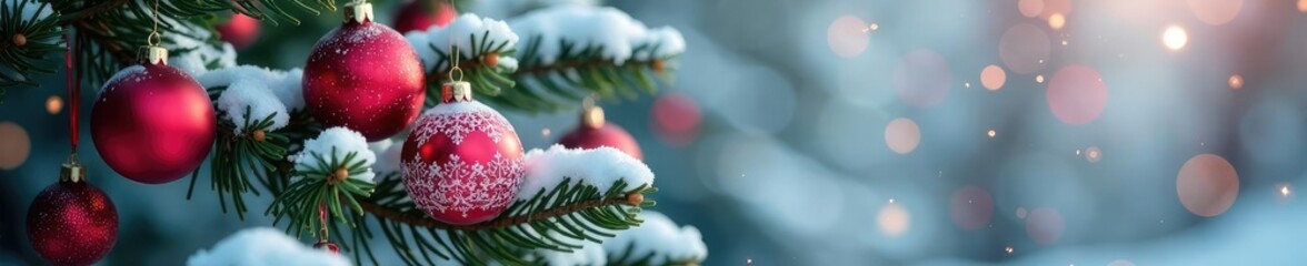 Fototapeta premium Snow-covered ornaments in shades of red and pink on a fir branch, evergreen branch,