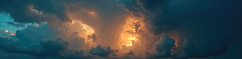 Obraz premium Stormy weather with sunlight illuminating the dark clouds from below, storm cloud, weather, low angle