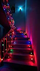 String of colorful lights along a winding staircase, staircase, Christmas