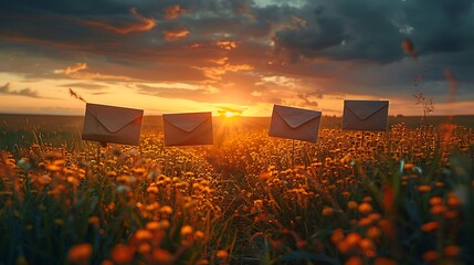 Envelopes suspended in a vibrant sunset field, symbolizing communication and connection amidst nature