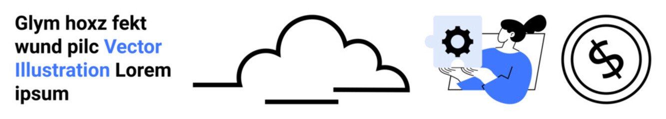 Central cloud icon with bold outline, gear for settings, person managing tasks, dollar coin for finance. Ideal for technology, cloud computing, finance, data management, business solutions