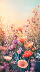 Vibrant field of wildflowers at sunrise.
