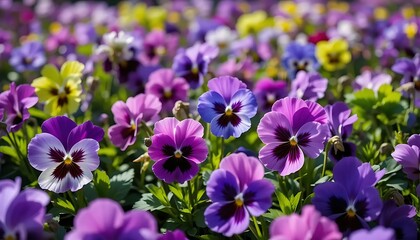 Captivating display of vibrant pansies blooming in a colorful garden, showcasing a variety of purple, yellow, and blue hues, creating a visually appealing and cheerful floral landscape in springtime.