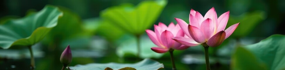 Naklejka premium Water lily stem with lotus flowers in pond water, greenery, botanicals, nature