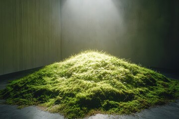 A vibrant green moss covers a small gently sloping hill