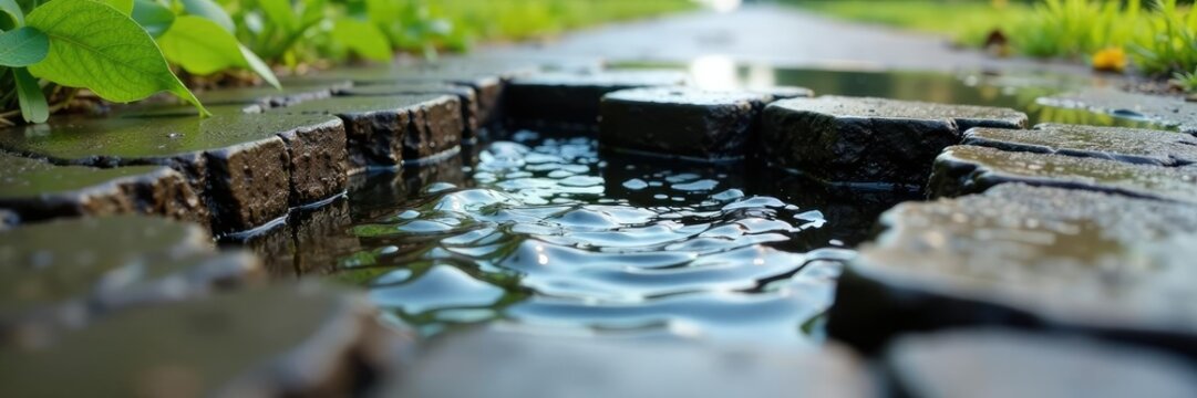 Water seeps into cracks of a concrete footpath, sinkhole, ground, drainage