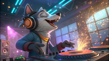 Wolf DJ in Nightclub: A lively wolf DJ, immersed in the rhythm, spins tunes in a vibrant nightclub setting, illuminated by neon lights and energized by a dynamic atmosphere