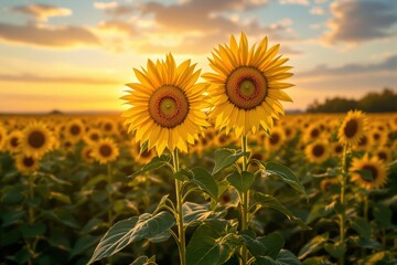 Fototapeta premium Two sunflowers in full bloom stand against a vibrant field under a golden sunset sky, creating a warm and inviting background. Concept of nature's beauty. Ai generative