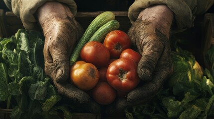 A close-up of a farmerâ€™s hands, covered in earth, holding freshly picked vegetables, with the fresh produce as the main focus of the image,A close-up of dirty farmerâ€™s hands holding freshly picked