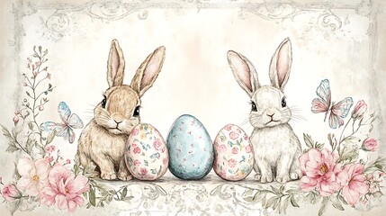 Obraz premium Easter bunnies with eggs, and flowers. (13)