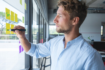 Focused man writing on sticky notes on office window, planning project tasks