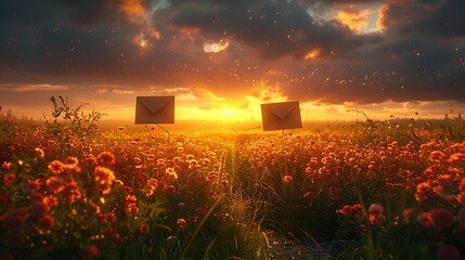 Two envelopes floating in a vibrant flower field at sunset, with a dramatic sky and glowing particles