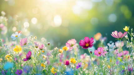 Colorful Wildflowers Blooming Under Gentle Morning Sunlight