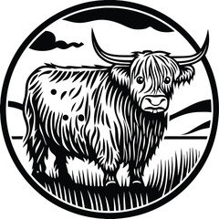 Obraz premium Highland cow in monochrome art vector image (11).eps
