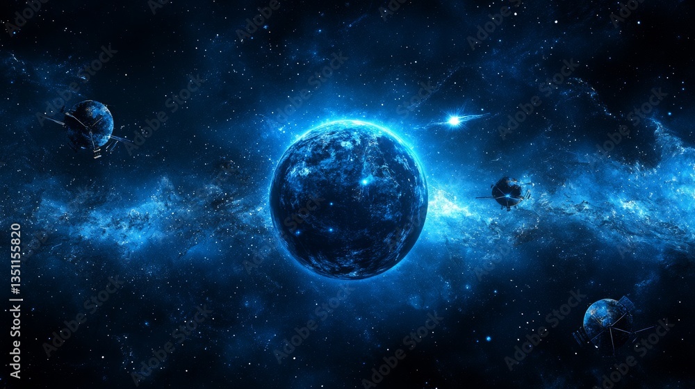Poster abstract blue digital network background with planet and satellites. concept of gps and hi tech. tel
