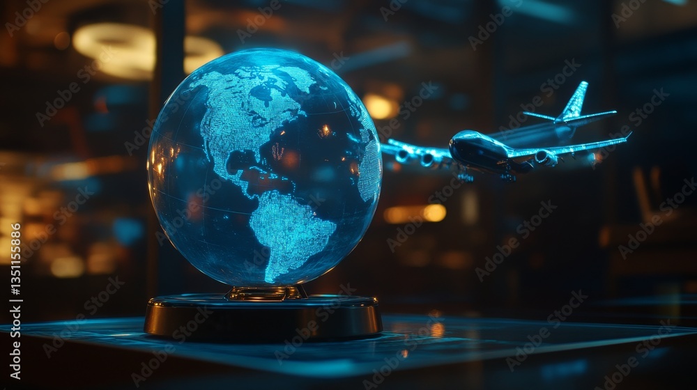 Aufkleber blue planet hologram with planes flying around it and coordinates. concept of transportation and mod