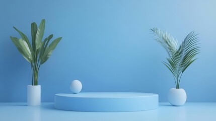 Blue empty product showcase podium over blue background. Concept of marketing and advertising. 3d rendering mock up