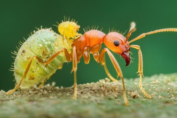 Naklejka premium A red ant carrying a green insect on a green surface