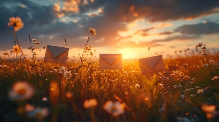 Envelopes floating in a vibrant sunset over a flower-filled meadow, symbolizing communication and connection