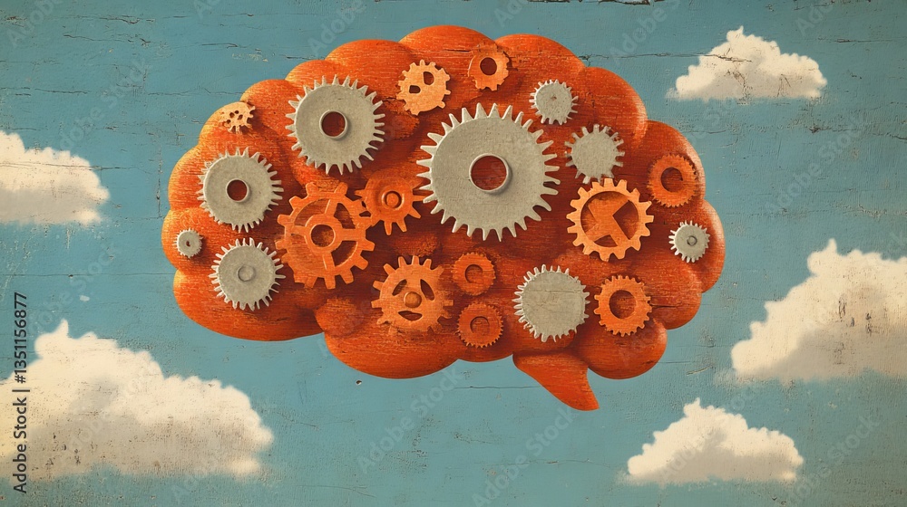 Poster office manager point on a drawing of human brain, double exposure. data security and cloud, gears an