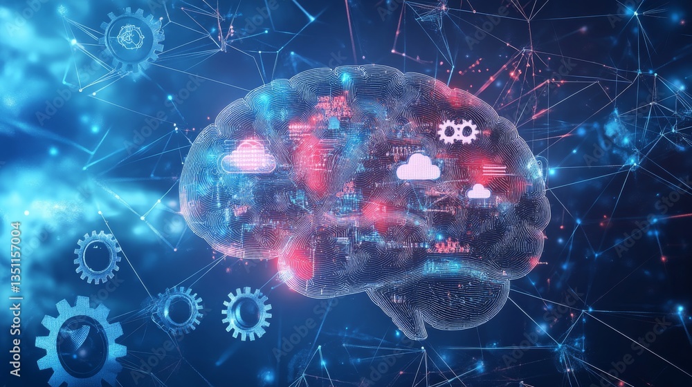 Poster office manager point on a drawing of human brain, double exposure. data security and cloud, gears an
