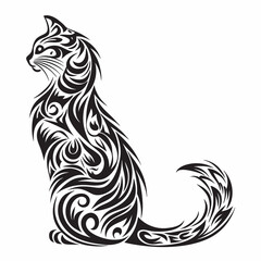 Black and white cat tribal tattoo vector illustration with animal symbols and nature elements