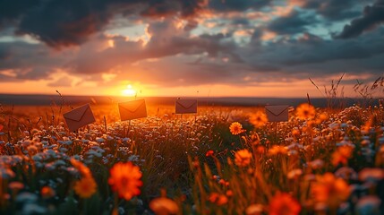 Envelopes in a Vibrant Flower Field at Sunset, Symbolizing Connection and Nature's Beauty