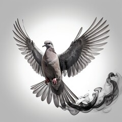 Fototapeta premium Dove in Flight with Black Smoke Trail