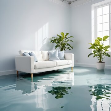 Flooded Living Room with White Sofa and Plants