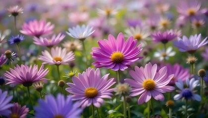 Obraz premium Captivating field of daisy flowers featuring vibrant pink and purple hues, showcasing delicate petals and yellow centers, creating a serene floral landscape under soft natural light