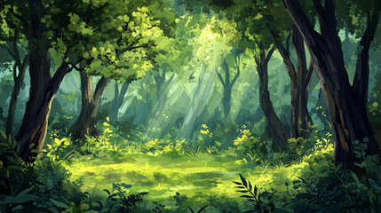 Obraz premium Stunning forest landscape with sunlight filtering through the tree canopy to create a magical atmosphere in nature.