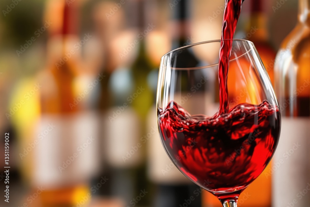 Poster red wine pouring into a glass with a blurred background of wine bottles. rich colors and dynamic mot